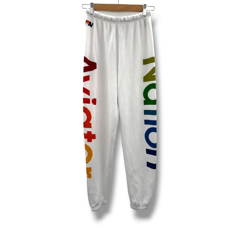 Aviator Nation Sweatpants Women S White Rainbow Logo Graphic Joggers USA Made‎